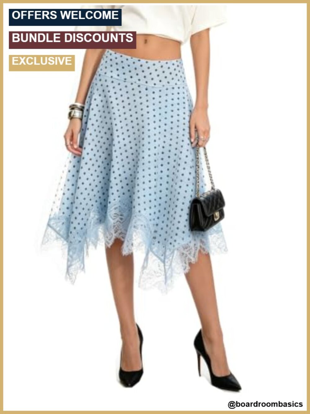 Women Midi Flowy Polka Dots Lace Trim High Waist Handkerchief Hem Skirt